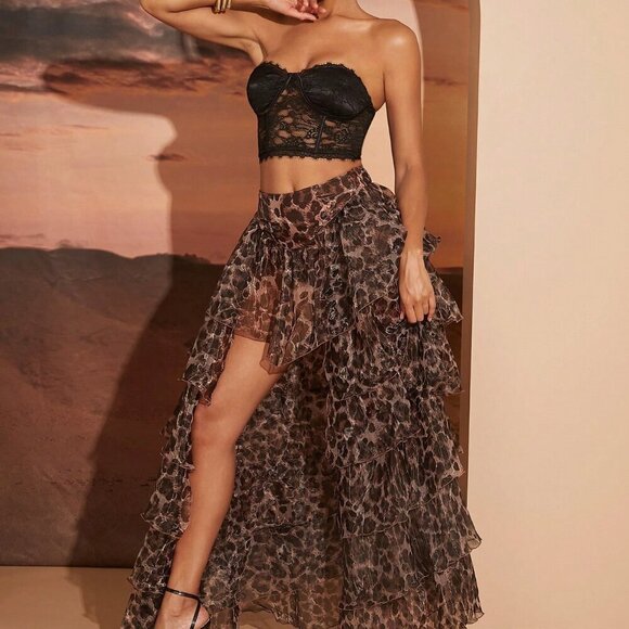 Brown Party Womens Leopard Print Pleated Ruffle Layered Skirt - Picture 3 of 7